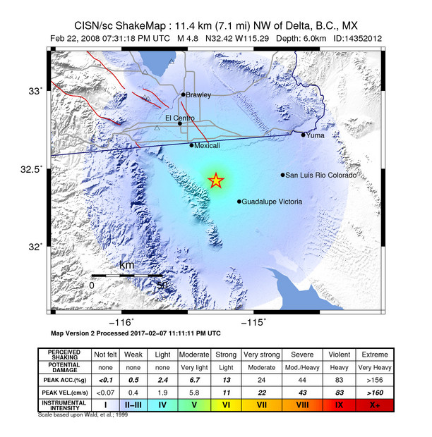 USGS ShakeMap: estimated shaking intensity around the epicenter
