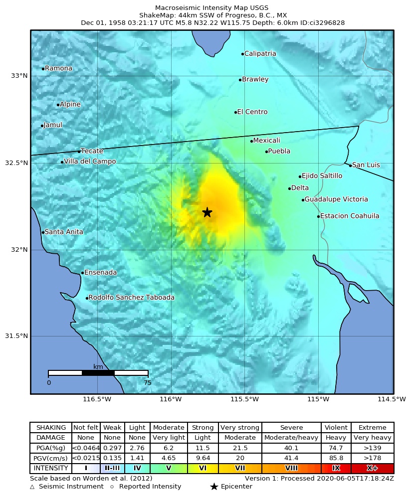 USGS ShakeMap: estimated shaking intensity around the epicenter