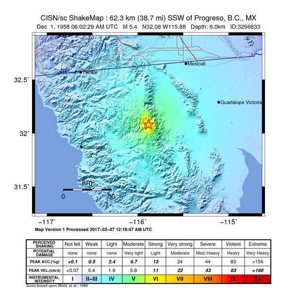 USGS ShakeMap: estimated shaking intensity around the epicenter