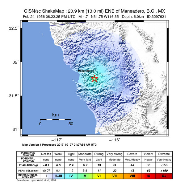 USGS ShakeMap: estimated shaking intensity around the epicenter