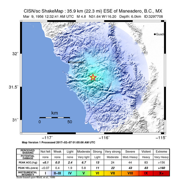USGS ShakeMap: estimated shaking intensity around the epicenter