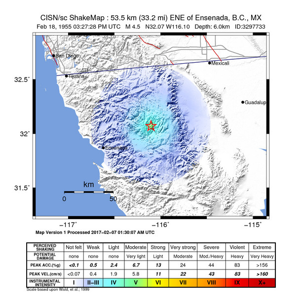 USGS ShakeMap: estimated shaking intensity around the epicenter