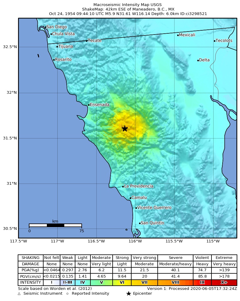 USGS ShakeMap: estimated shaking intensity around the epicenter