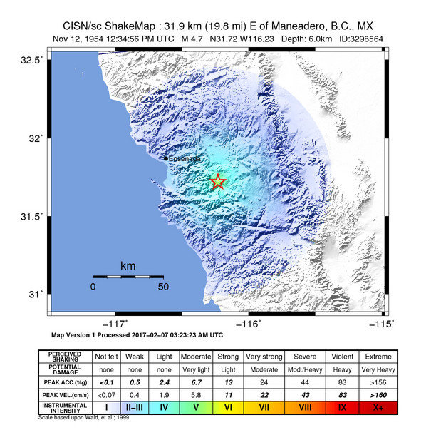 USGS ShakeMap: estimated shaking intensity around the epicenter