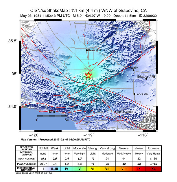 USGS ShakeMap: estimated shaking intensity around the epicenter