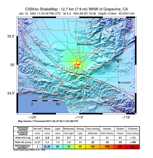 USGS ShakeMap: estimated shaking intensity around the epicenter