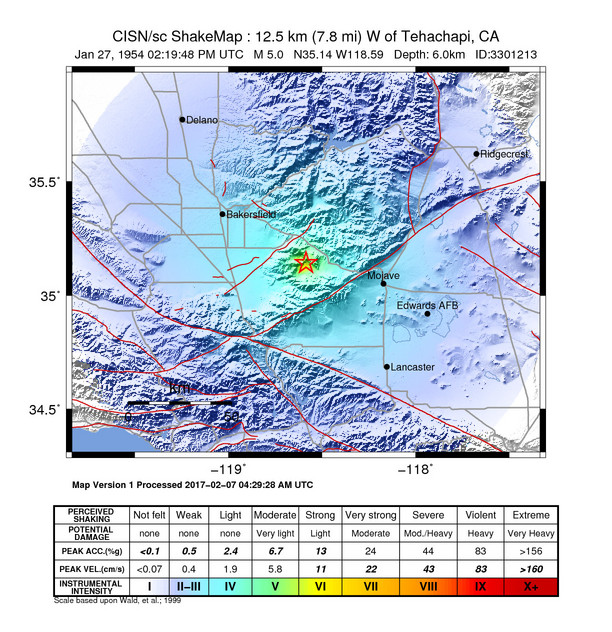 USGS ShakeMap: estimated shaking intensity around the epicenter