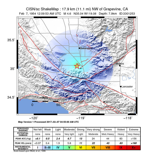USGS ShakeMap: estimated shaking intensity around the epicenter