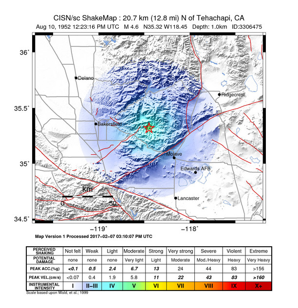USGS ShakeMap: estimated shaking intensity around the epicenter