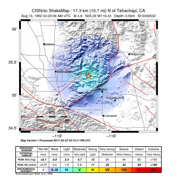 USGS ShakeMap: estimated shaking intensity around the epicenter
