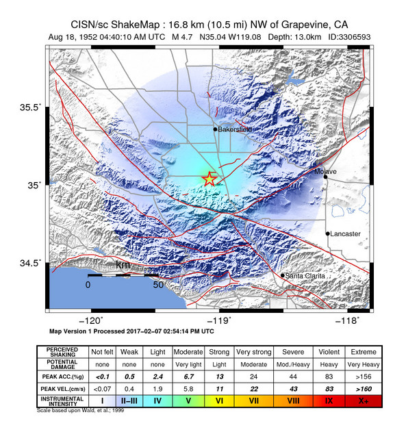 USGS ShakeMap: estimated shaking intensity around the epicenter