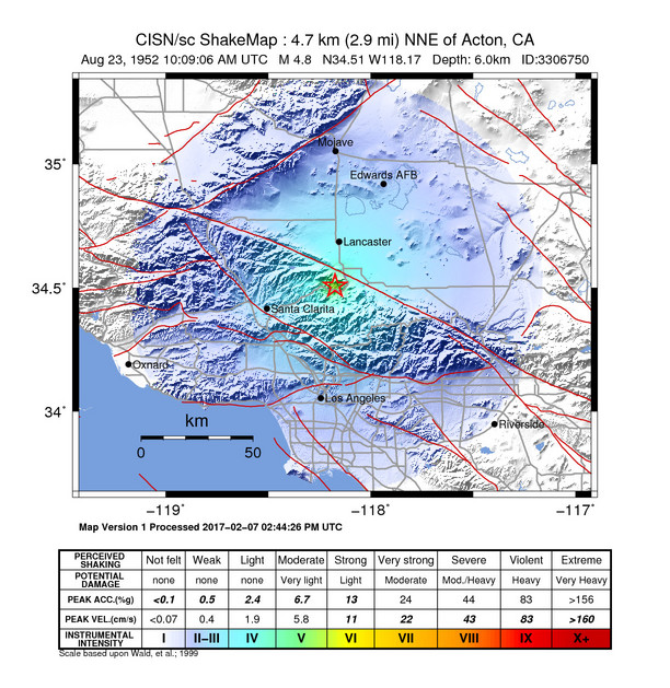 USGS ShakeMap: estimated shaking intensity around the epicenter