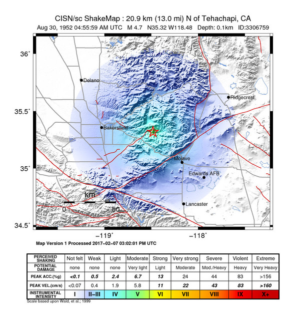 USGS ShakeMap: estimated shaking intensity around the epicenter