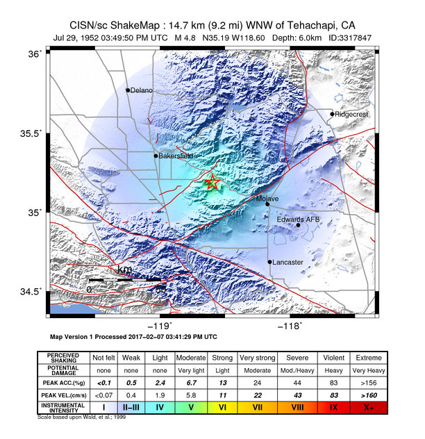 USGS ShakeMap: estimated shaking intensity around the epicenter