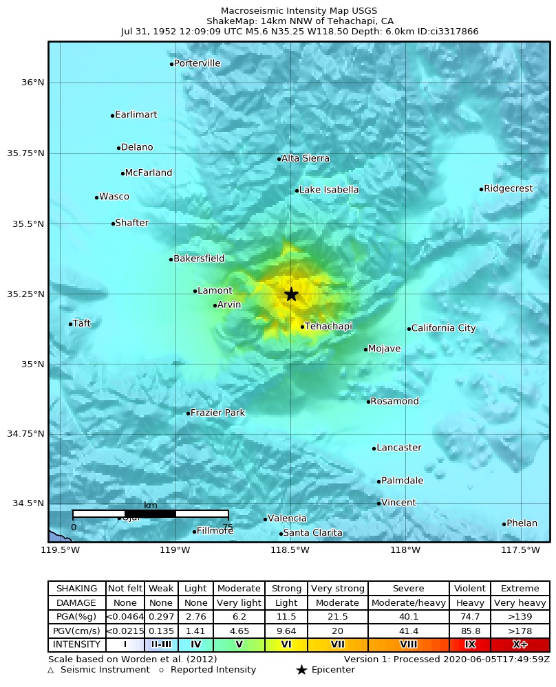 USGS ShakeMap: estimated shaking intensity around the epicenter
