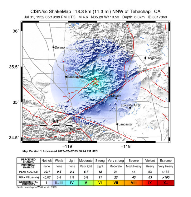 USGS ShakeMap: estimated shaking intensity around the epicenter