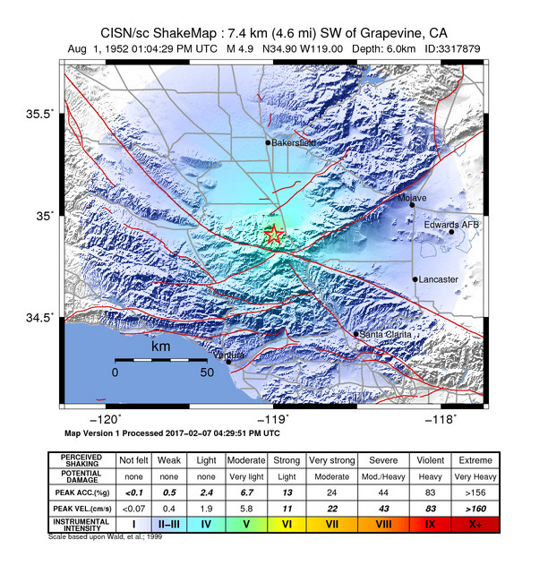 USGS ShakeMap: estimated shaking intensity around the epicenter