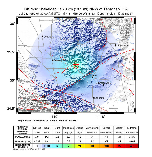 USGS ShakeMap: estimated shaking intensity around the epicenter
