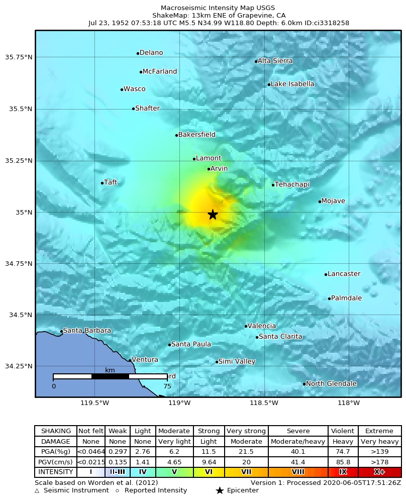 USGS ShakeMap: estimated shaking intensity around the epicenter