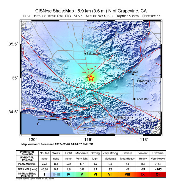 USGS ShakeMap: estimated shaking intensity around the epicenter