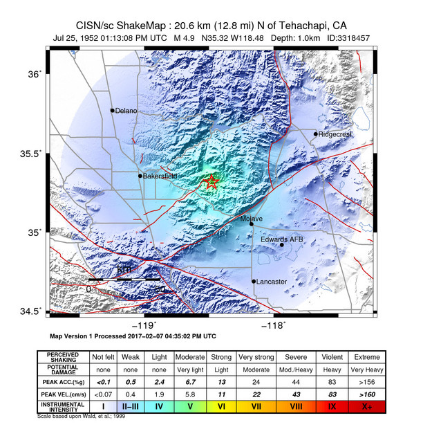 USGS ShakeMap: estimated shaking intensity around the epicenter