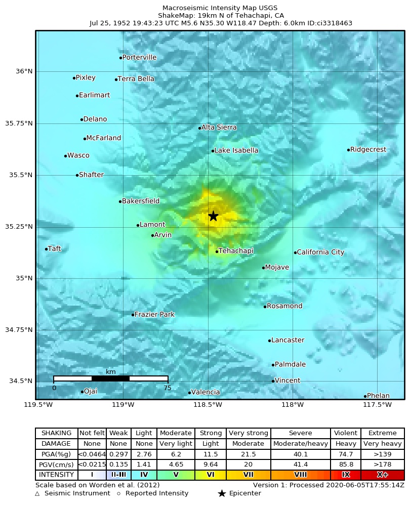 USGS ShakeMap: estimated shaking intensity around the epicenter