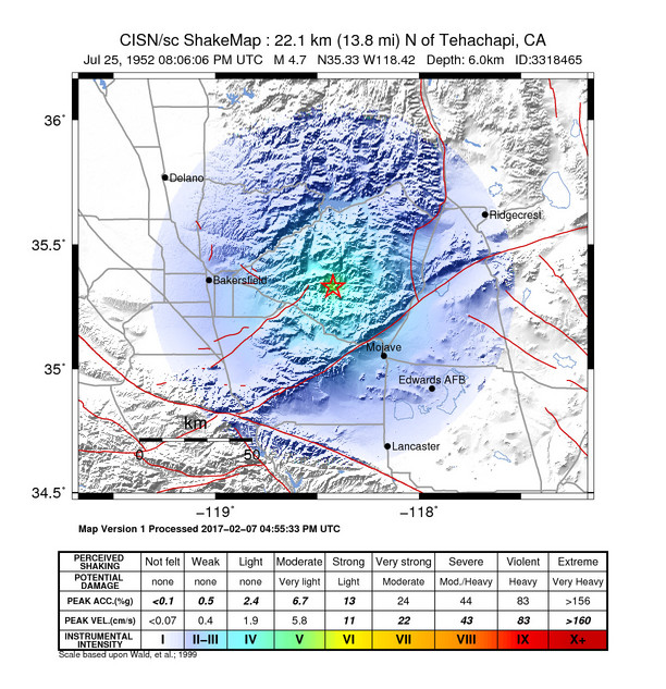 USGS ShakeMap: estimated shaking intensity around the epicenter