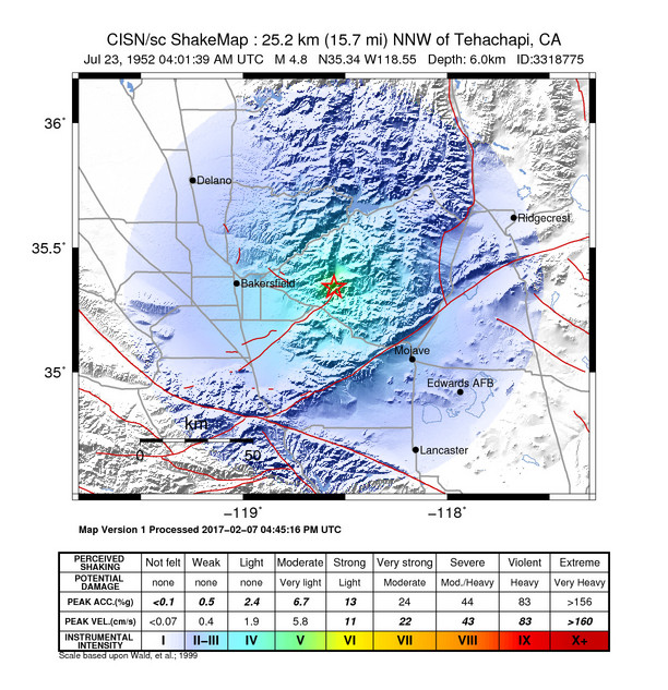 USGS ShakeMap: estimated shaking intensity around the epicenter