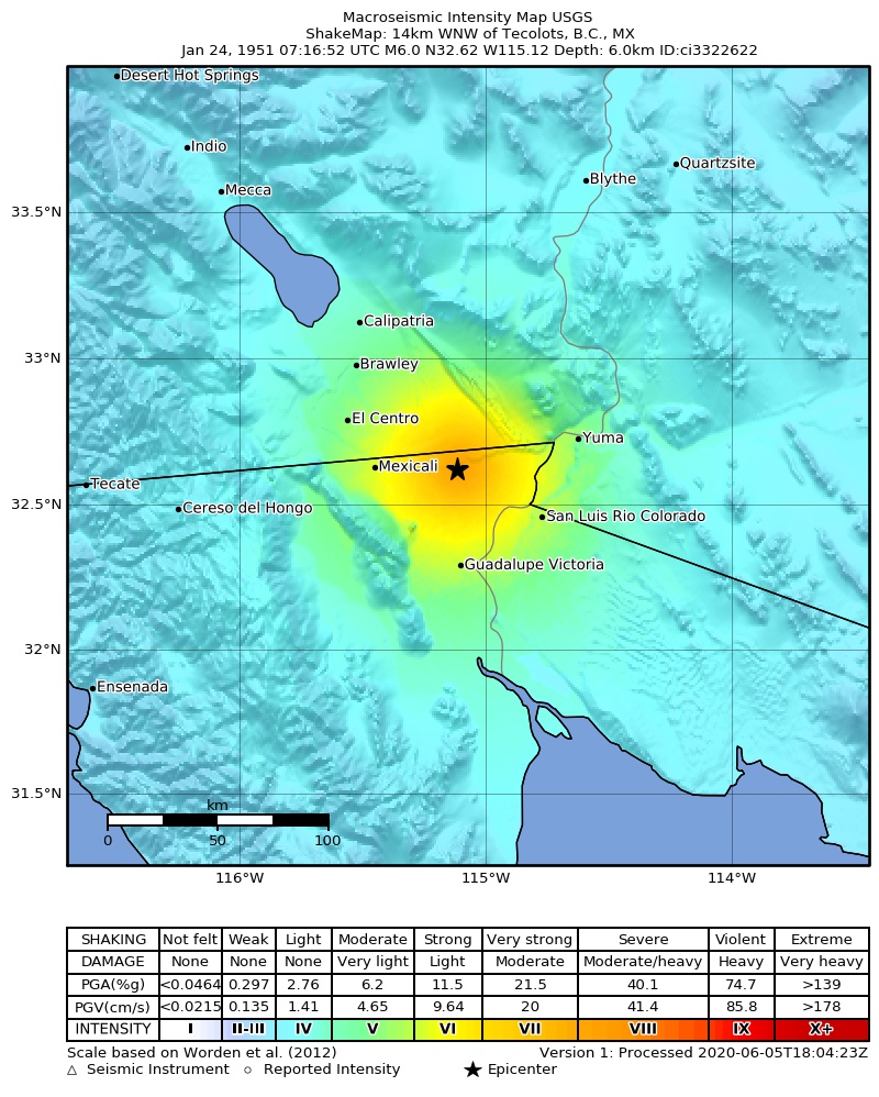 USGS ShakeMap: estimated shaking intensity around the epicenter