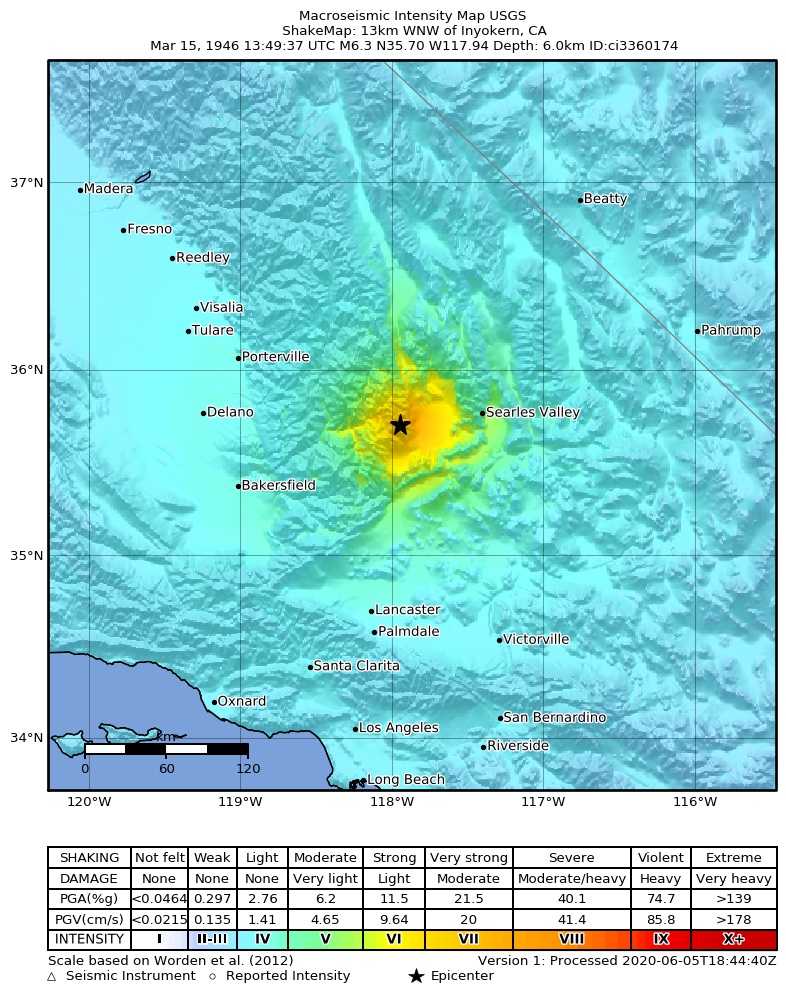 USGS ShakeMap: estimated shaking intensity around the epicenter