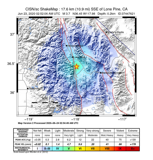 USGS ShakeMap: estimated shaking intensity around the epicenter