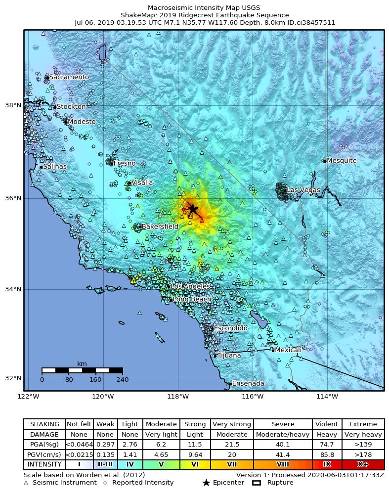 USGS ShakeMap: estimated shaking intensity around the epicenter