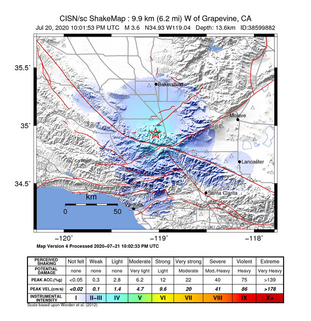 USGS ShakeMap intensity contours for the M3.6 earthquake near 10km W of Grapevine, CA
