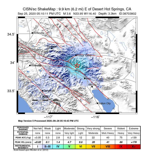 USGS ShakeMap intensity contours for the M3.6 earthquake near 10km E of Desert Hot Springs, CA