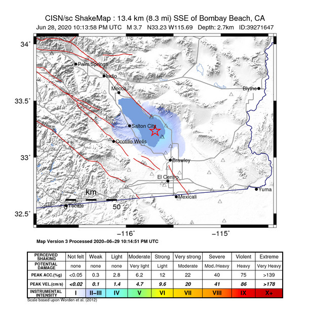 USGS ShakeMap intensity contours for the M3.7 earthquake near 13km SSE of Bombay Beach, CA