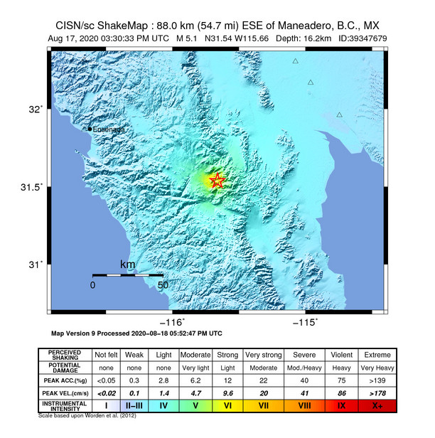 USGS ShakeMap intensity contours for the M5.1 earthquake near 88km ESE of Maneadero, B.C., MX