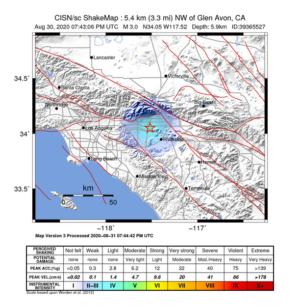 USGS ShakeMap intensity contours for the M2.9 earthquake near 5km NW of Glen Avon, CA