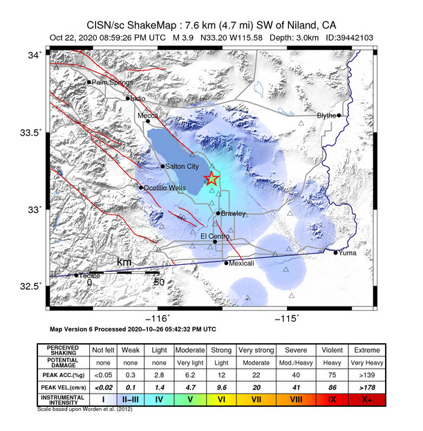 USGS ShakeMap intensity contours for the M3.9 earthquake near 8km SW of Niland, CA