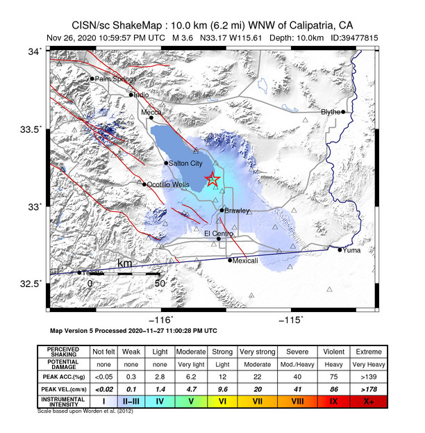 USGS ShakeMap intensity contours for the M3.6 earthquake near 10km WNW of Calipatria, CA