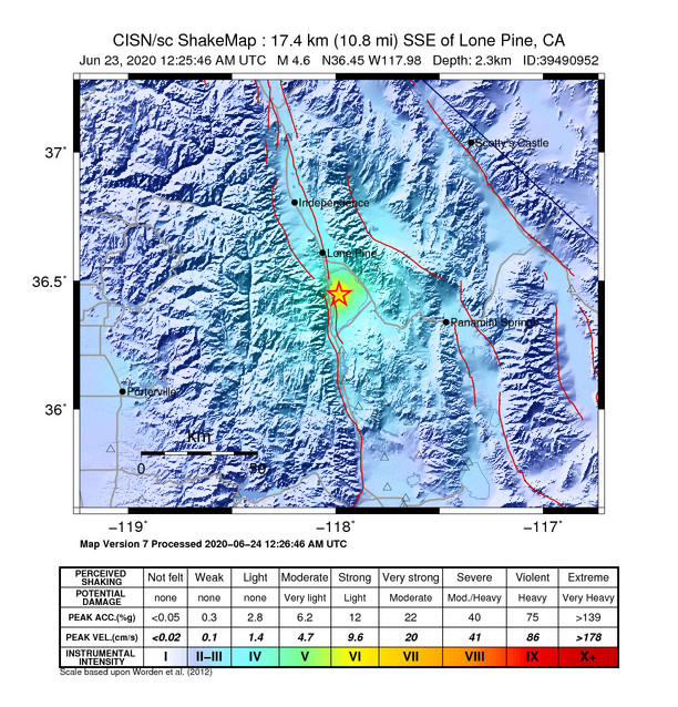USGS ShakeMap: estimated shaking intensity around the epicenter