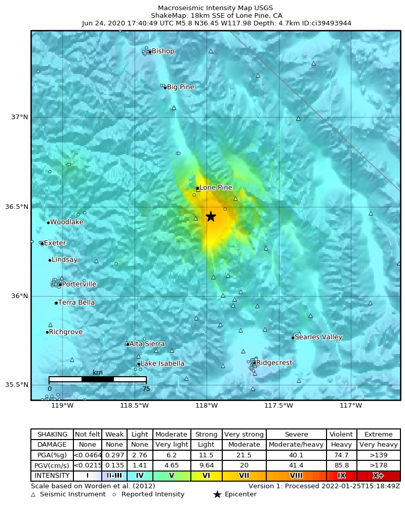 USGS ShakeMap intensity contours for the M5.8 earthquake near 18km SSE of Lone Pine, CA