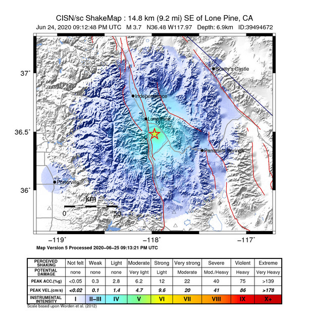 USGS ShakeMap: estimated shaking intensity around the epicenter