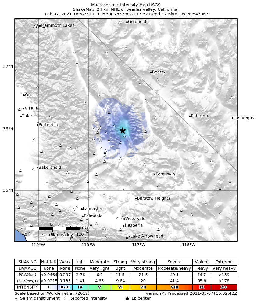 USGS ShakeMap intensity contours for the M3.4 earthquake near 24km NNE of Trona, CA