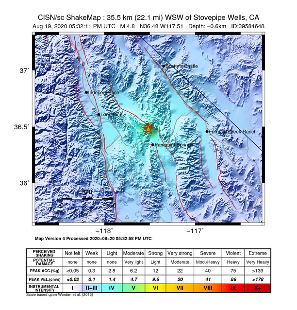 USGS ShakeMap intensity contours for the M4.7 earthquake near 36km WSW of Stovepipe Wells, CA