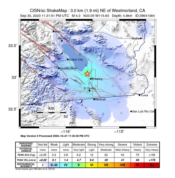 USGS ShakeMap intensity contours for the M4.3 earthquake near 3km NE of Westmorland, CA