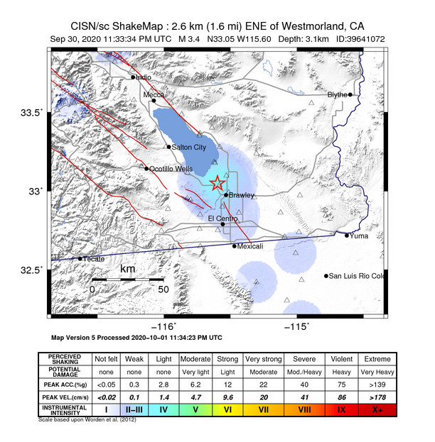 USGS ShakeMap intensity contours for the M3.2 earthquake near 3km ENE of Westmorland, CA