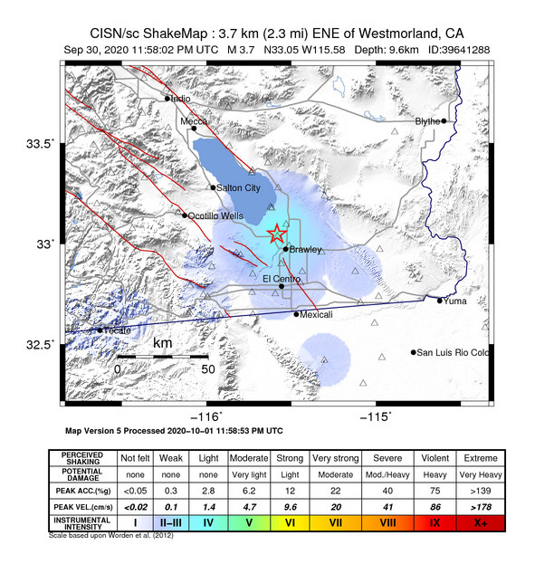 USGS ShakeMap intensity contours for the M3.7 earthquake near 4km ENE of Westmorland, CA
