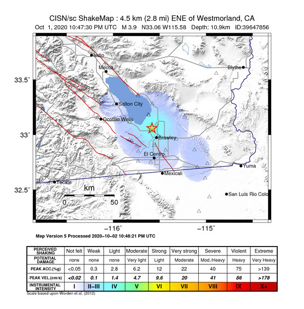 USGS ShakeMap intensity contours for the M3.9 earthquake near 4km ENE of Westmorland, CA