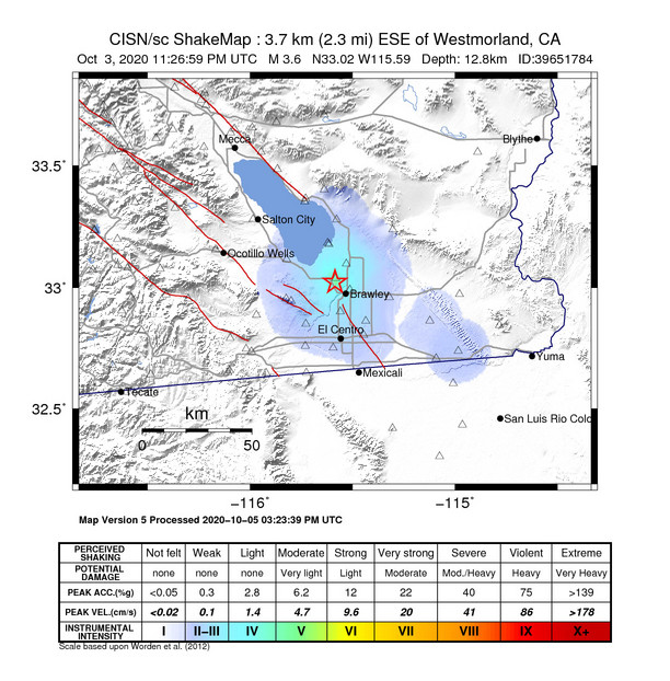 USGS ShakeMap intensity contours for the M3.6 earthquake near 4km ESE of Westmorland, CA