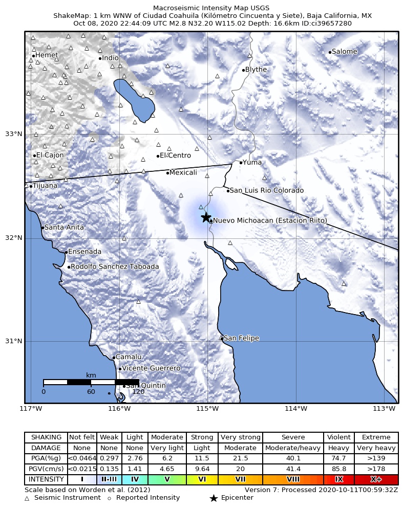 USGS ShakeMap intensity contours for the M2.8 earthquake near 2km WNW of Estacion Coahuila, B.C., MX